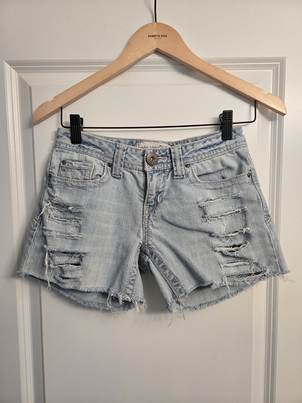 Aeropostale Skinny Flare Light Blue Distressed Low Rise Denim Shorts